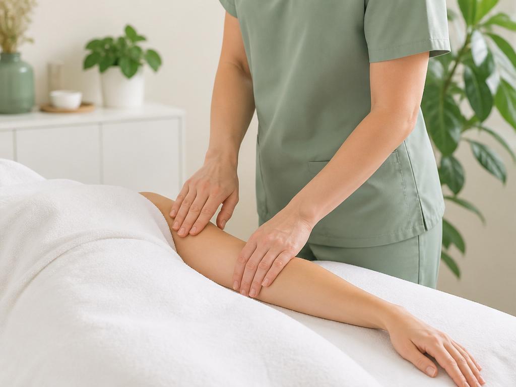 Gentle manual lymphatic drainage therapy being performed on a client's arm in a calm clinic setting