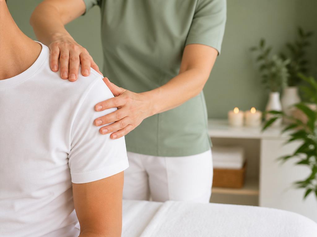 Therapist providing therapeutic remedial massage for muscular tension and relaxation