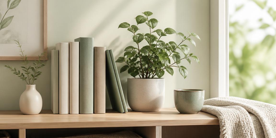 Calm shelf with wellness books, a small plant and a ceramic cup in soft natural light