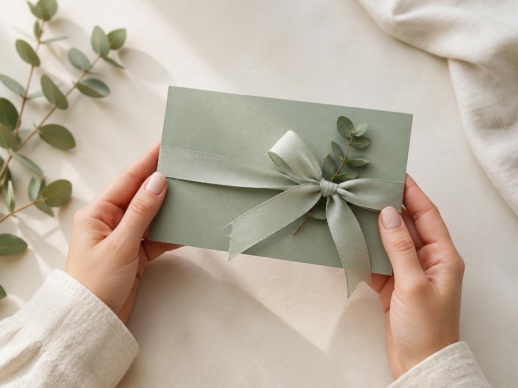 Elegant sage green wellness gift voucher with a soft ribbon and eucalyptus